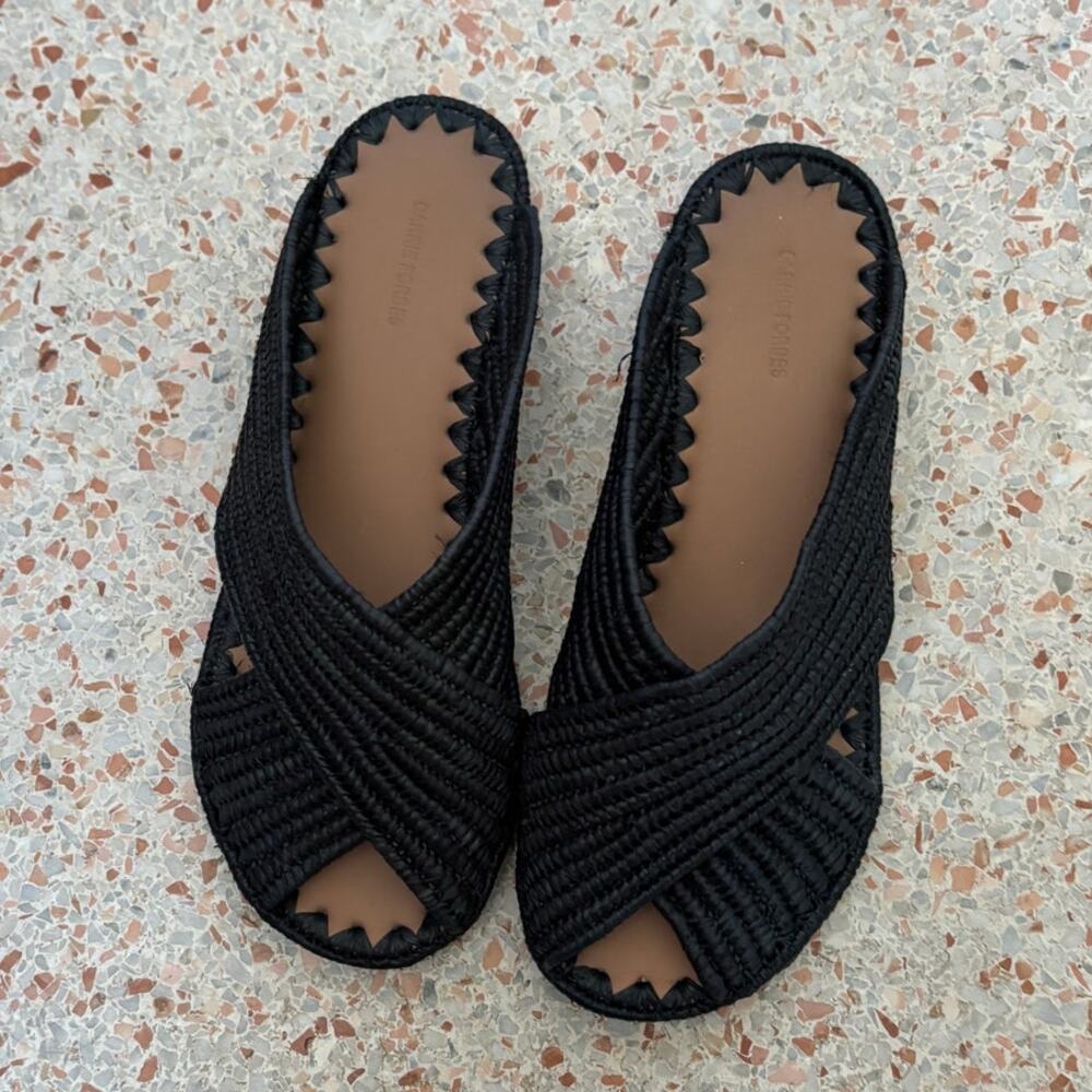Carrie Forbes Arielle Raffia Slide Sandals - Black - Size 6